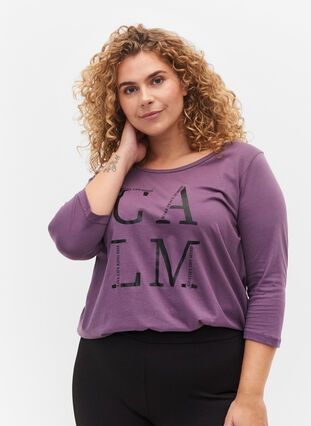 Katoenen t-shirt met 3/4 mouwen, Vintage Violet, Model image number 0