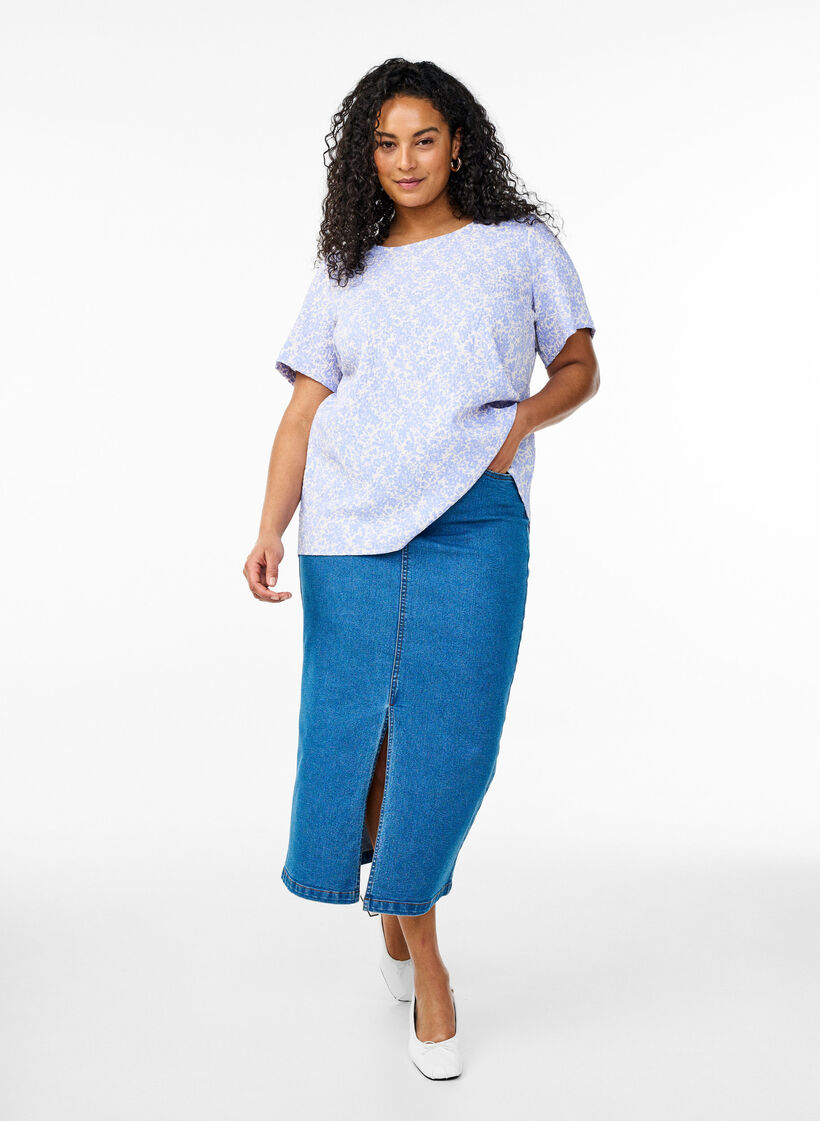 Blouse met korte mouwen en textuur, Blauw, Model image number 1