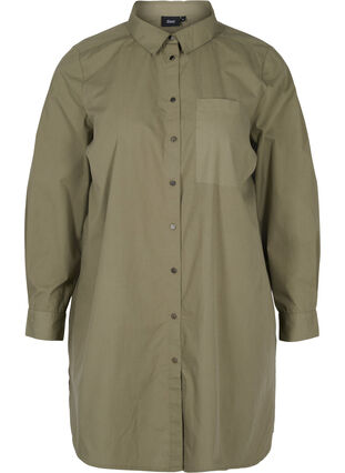 Lang katoenen blouse met kraag en knoopsluiting, Dusty Olive, Packshot image number 0
