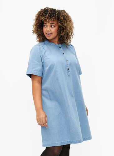 A-vorm denim jurk met korte mouwen, Light blue denim, Model image number 0