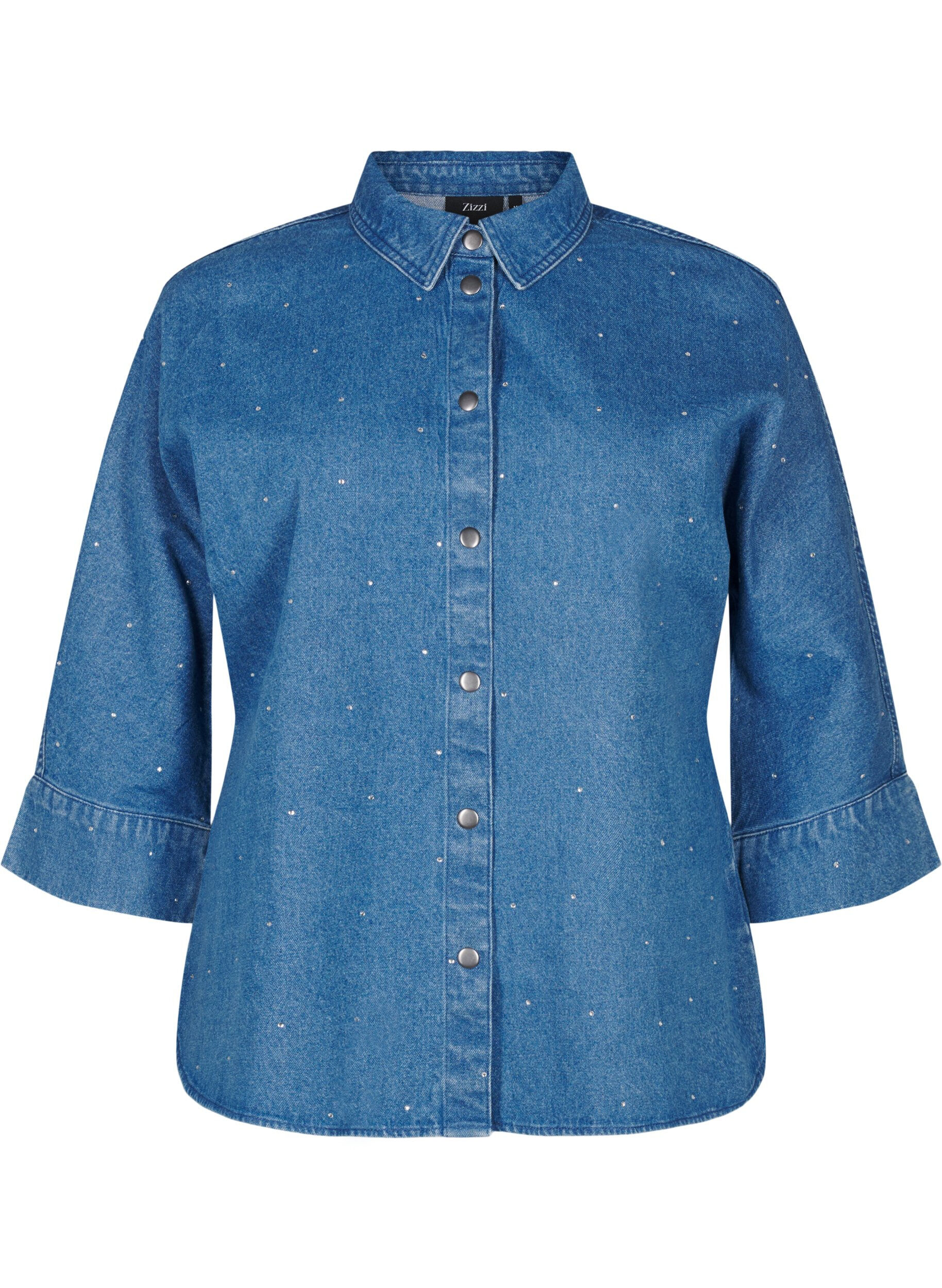ZizziDenim shirt met strassteentjes en driekwartmouwen, Bl. Denim Rhinestone, Packshot image number 0