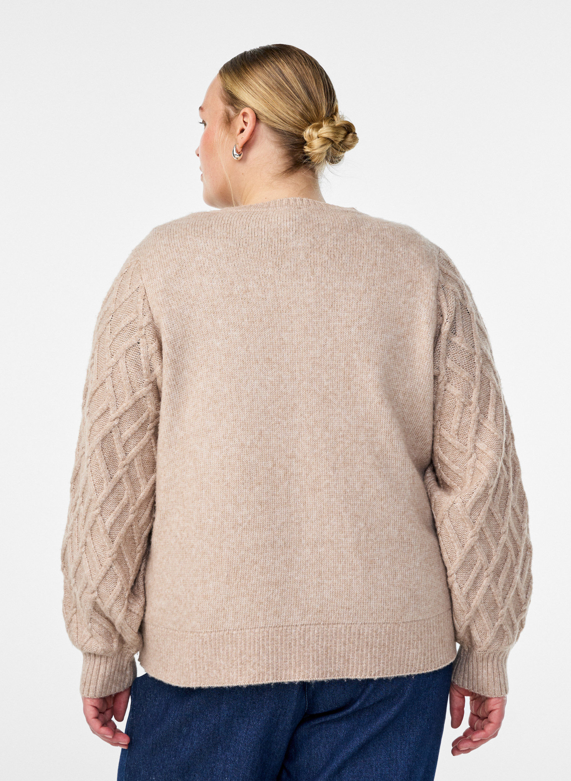 ZizziKabelgebreid vest met parelknopen, Beige, Model image number 2