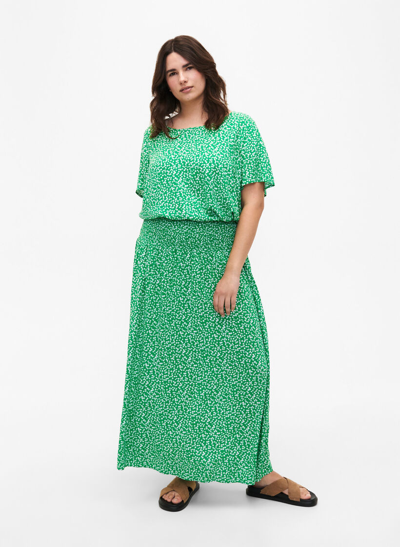 FLASH - Maxi rok in viscose met smokwerk, Groen, Model image number 0