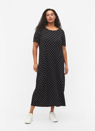 Midi-jurk van viscose met korte mouwen, Black Dot, Model image number 0