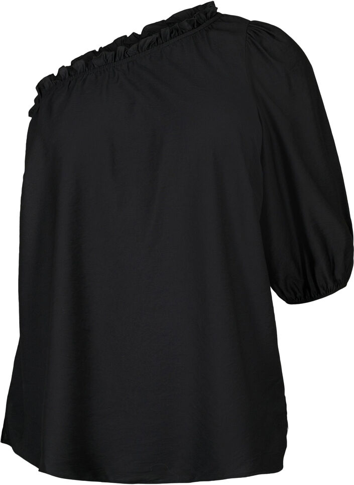 One-shoulder blouse in viscose, Zwart, Packshot image number 0