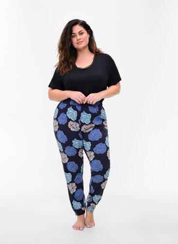 Pantalon de pyjama en coton avec imprimé floral, Blue Flower, Model image number 0
