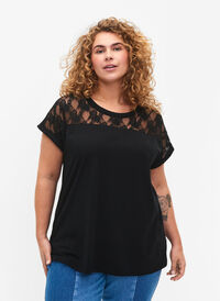 Katoenen t-shirt met korte mouwen en kant, Black, Model