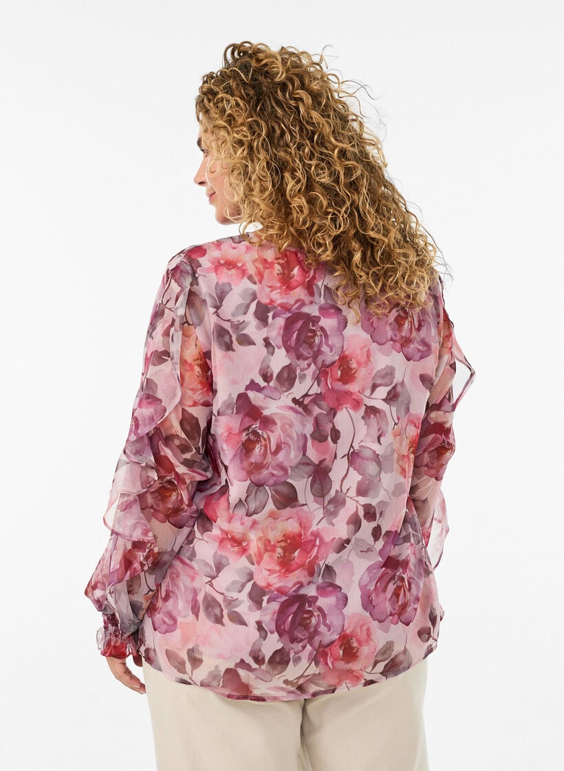 Blouse met bloemenprint, V-hals en ruches mouwen, Roze, Model image number 2