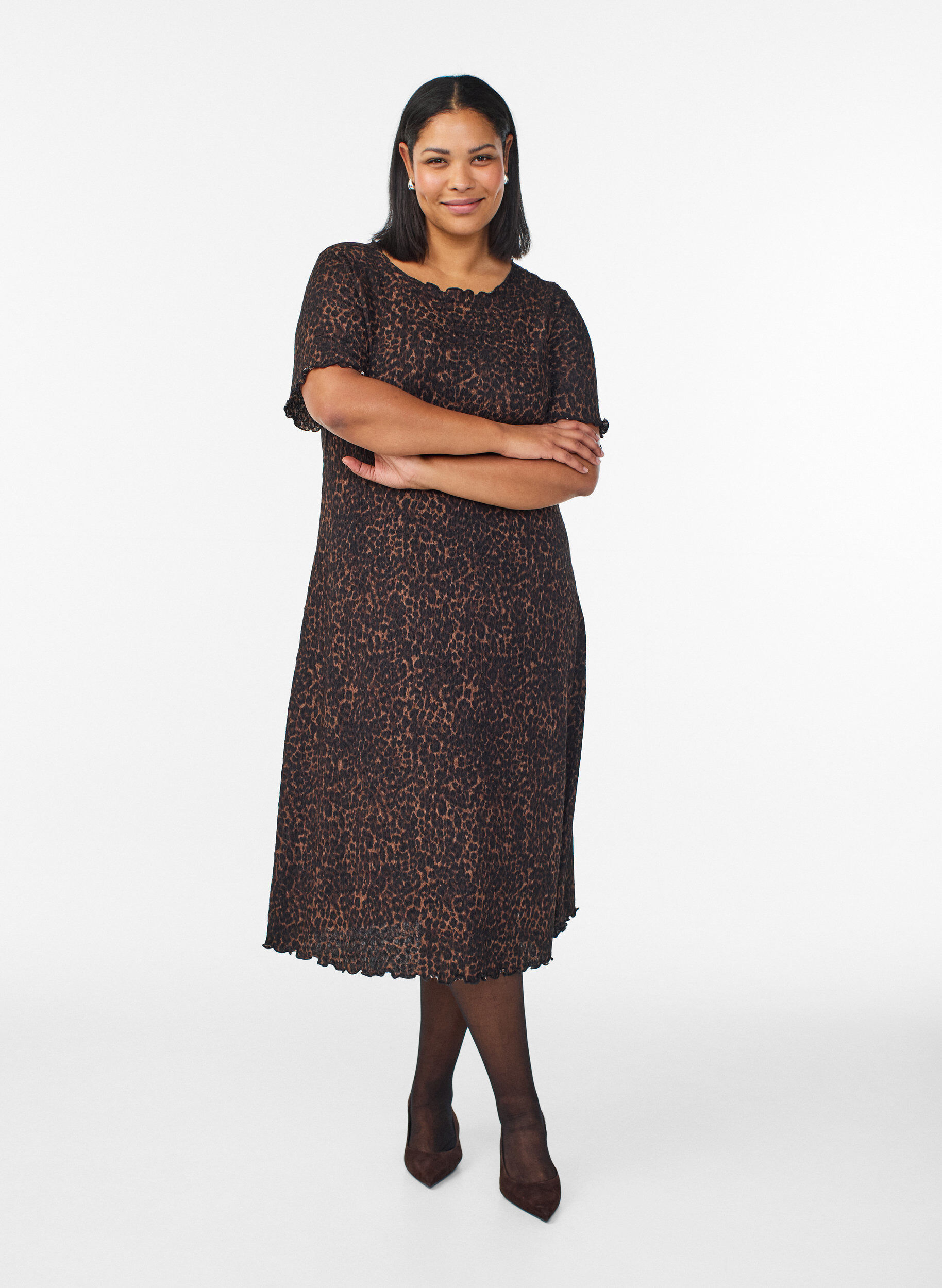 ZizziMidi jurk met structuur en korte mouwen, Bruin, Model image number 0