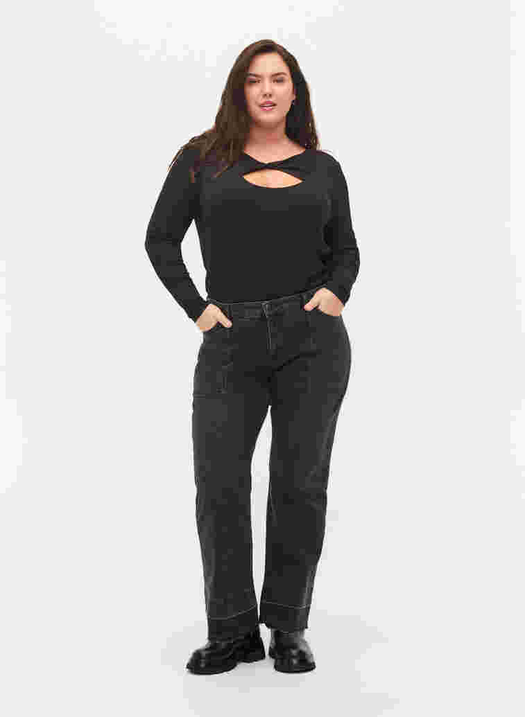 Wijd uitlopende jeans met hoge taille, Grey Denim, Model
