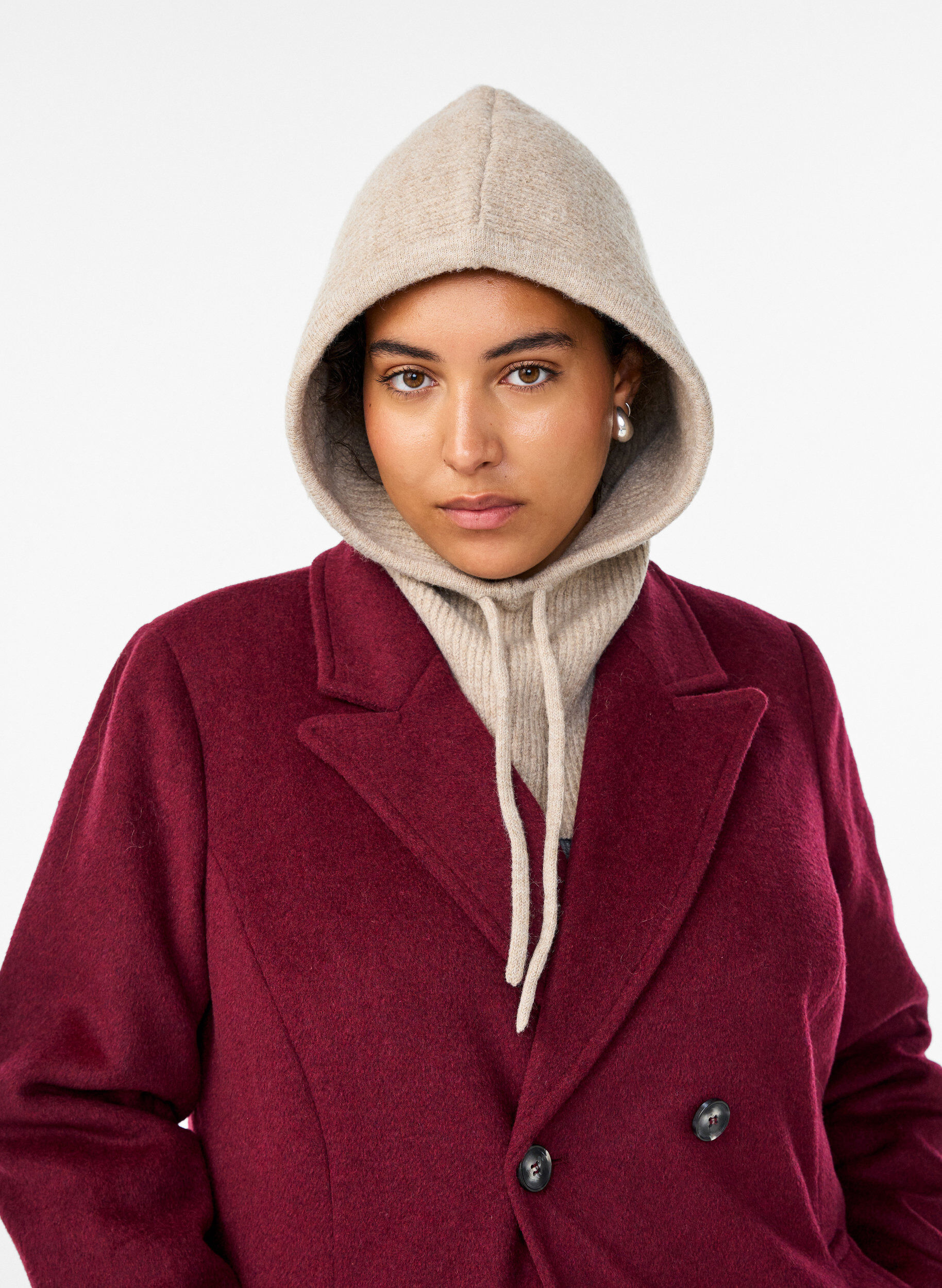 Gebreide balaclava met trekkoordjes, Beige, Model