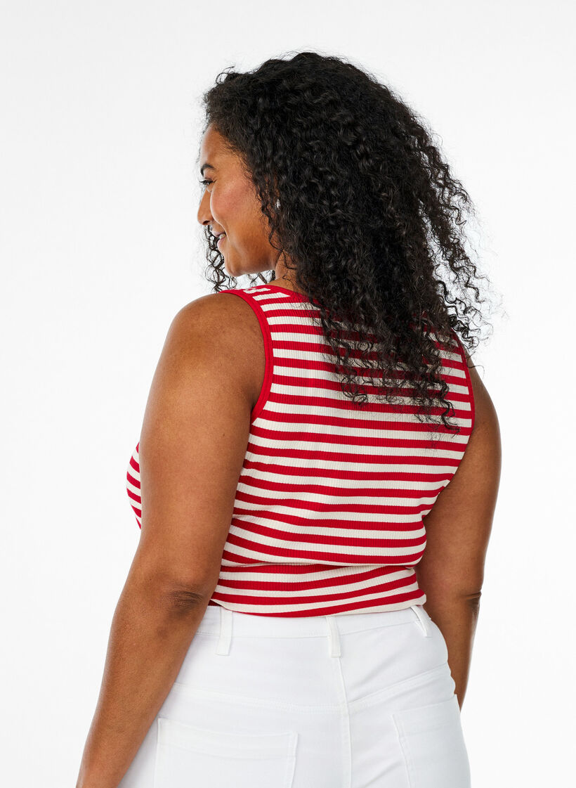 Gestreepte tanktop met een ribstructuur, Rood, Model image number 2