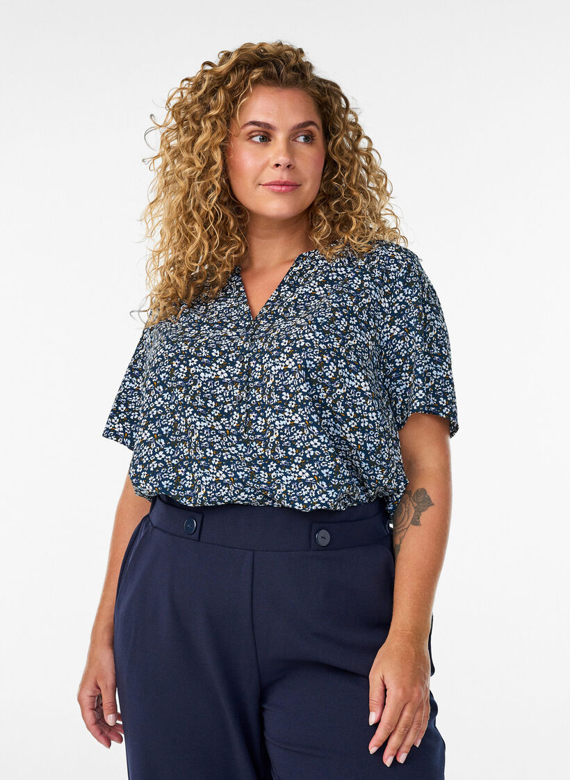 Blouse met korte mouwen en v-halslijn, Blauw, Model image number 0