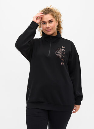 Sweatshirt met hoge hals en rits, Black, Model image number 0