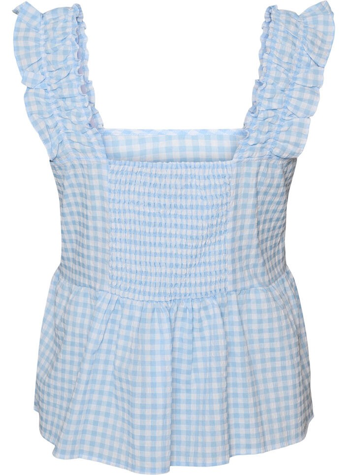 Top met ruitjes en ruchesdetails, Blauw, Packshot image number 1