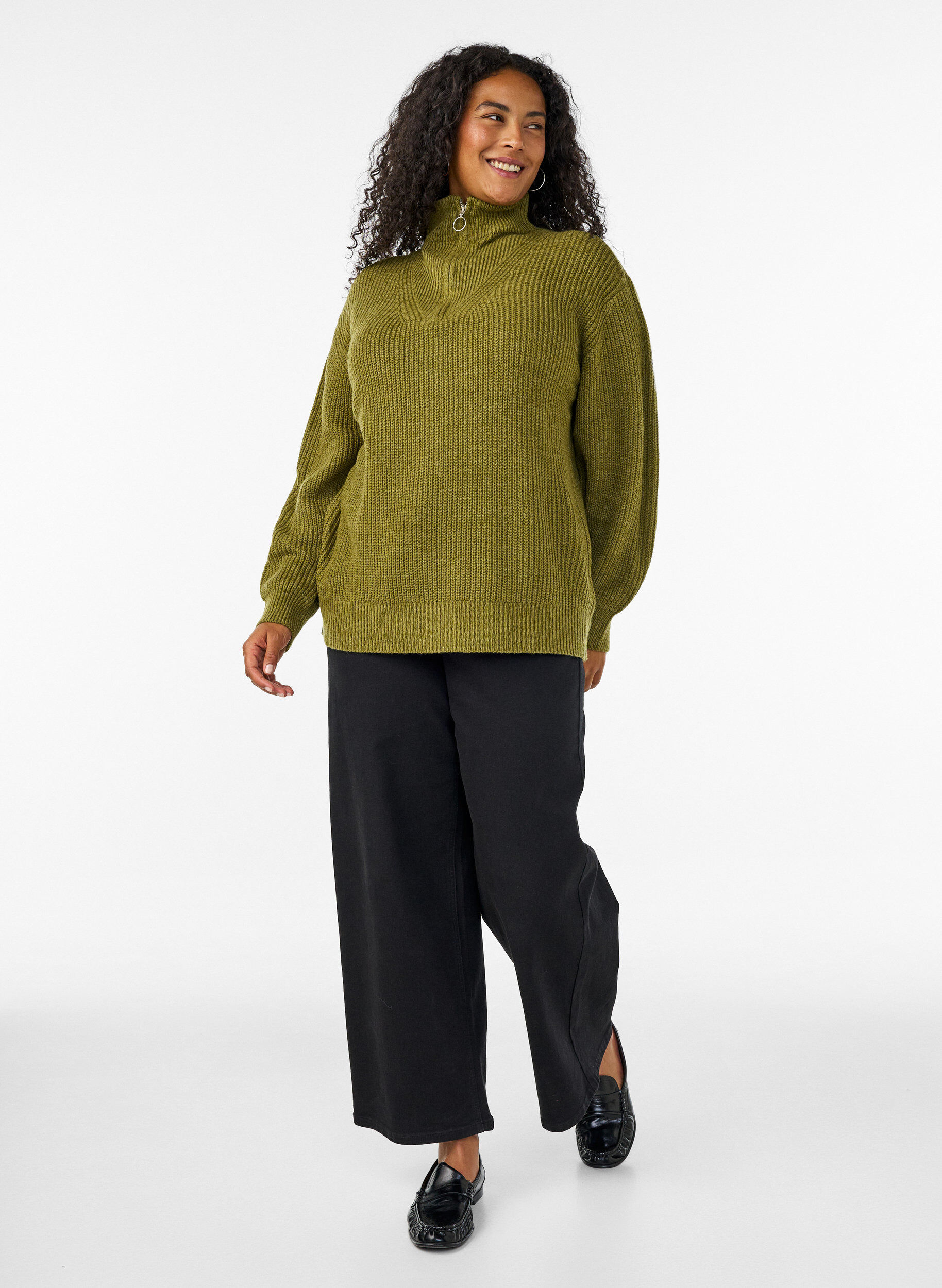 ZizziPull en tricot avec col haut et fermeture &eacute;clair, Vert, Model image number 1