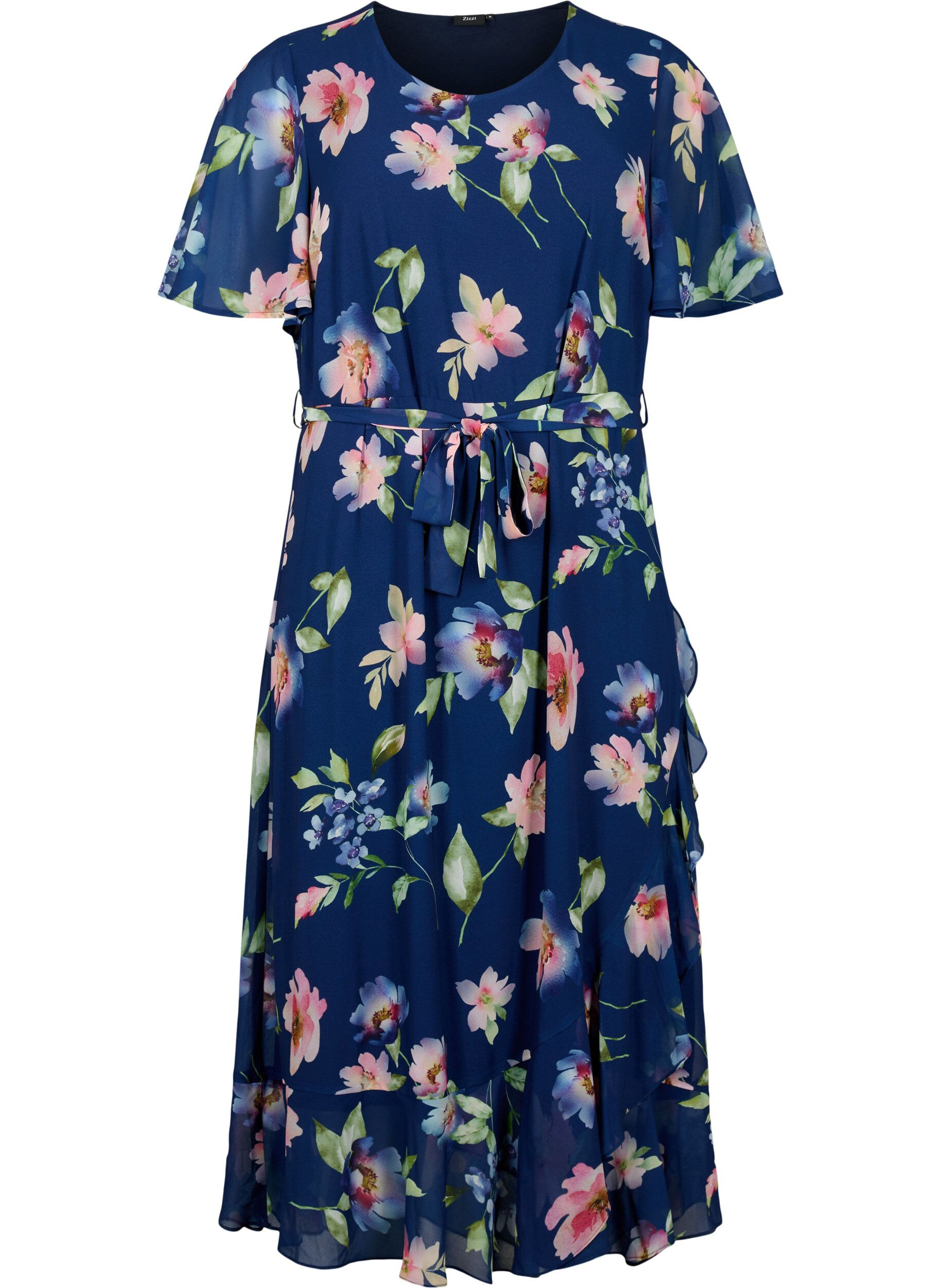 Zizzi	 Midi-jurk met korte mouwen en bloemenprint, Blueprint Flower AOP, Packshot image number 0