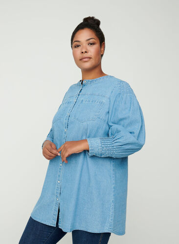 Lange denim blouse in katoen, Blue denim ASS, Model image number 0