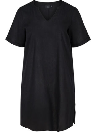 Robe à manches courtes en coton mélangé avec du lin, Black, Packshot image number 0