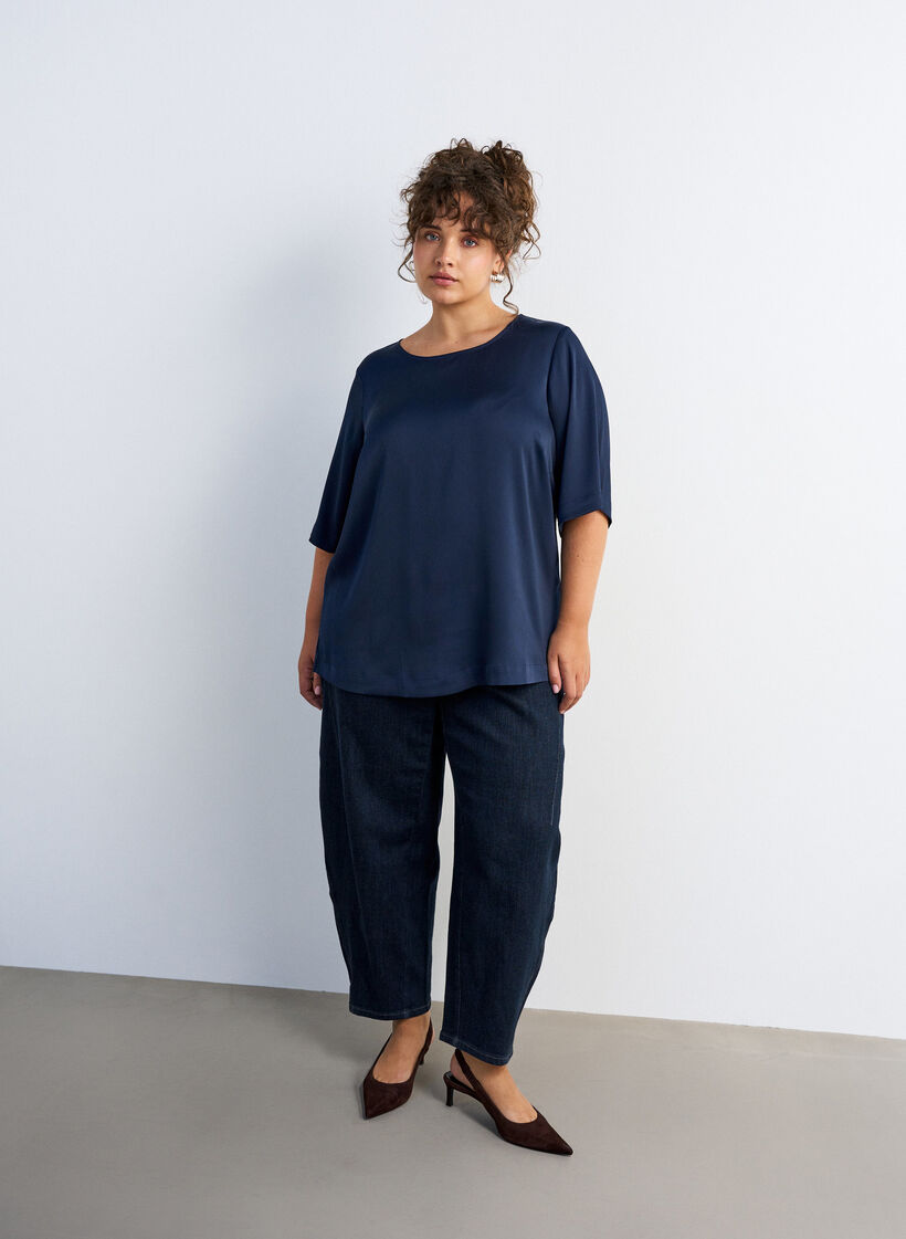 Satijnen blouse met ellebooglange mouwen, Blauw, Model image number 1