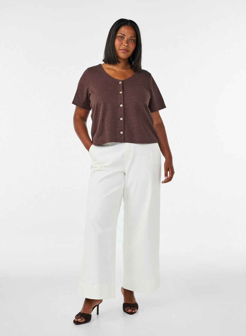 Blouse en coton textur&eacute; avec fermeture &agrave; boutons, Marron, Model image number 1