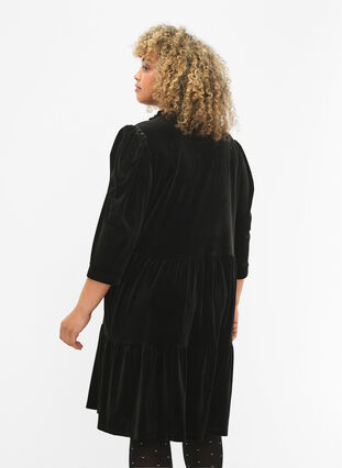 Velour jurk met ruches en driekwart mouwen, Black, Model image number 1