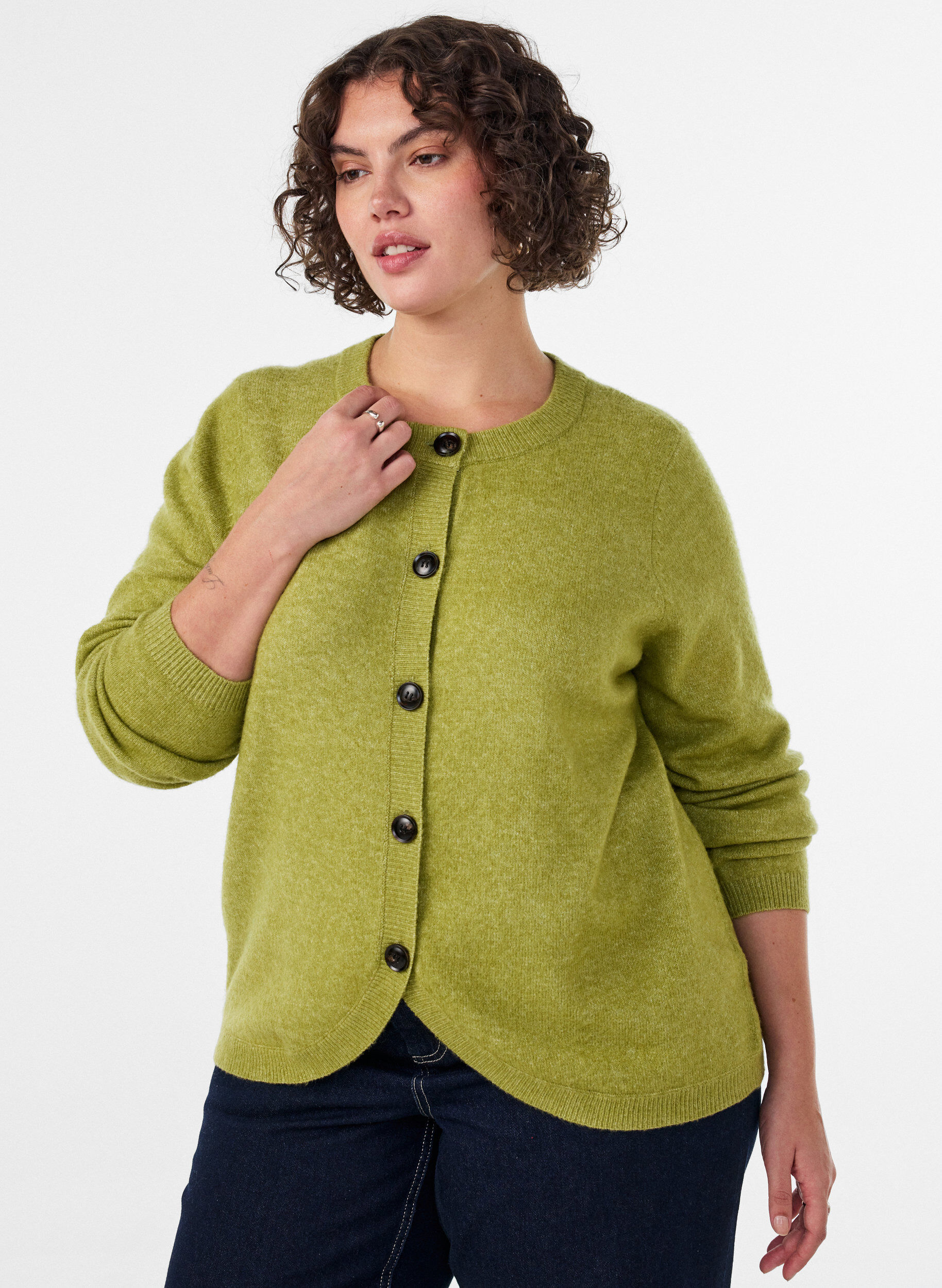Cardigan avec boutons et devant arrondi, Vert clair, Model