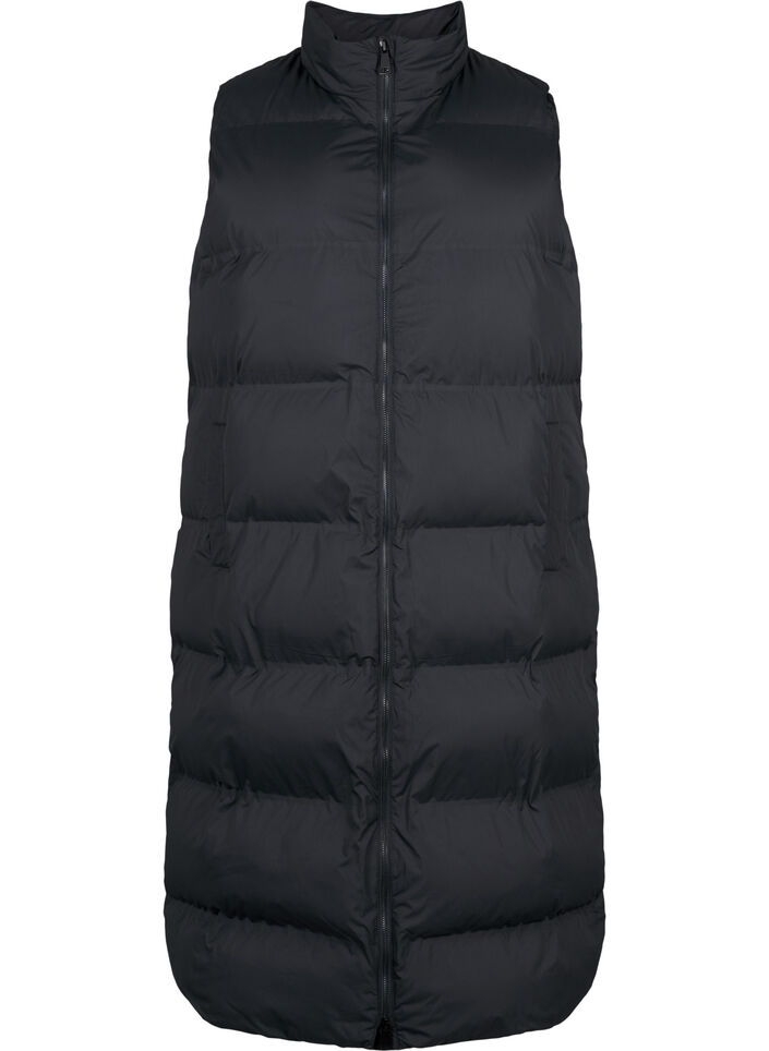 Lang vest met zakken en rits in twee richtingen, Zwart, Packshot image number 0