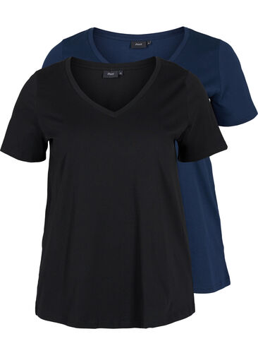 T-shirt basiques 2-pack en coton, Black/Navy B, Packshot image number 0