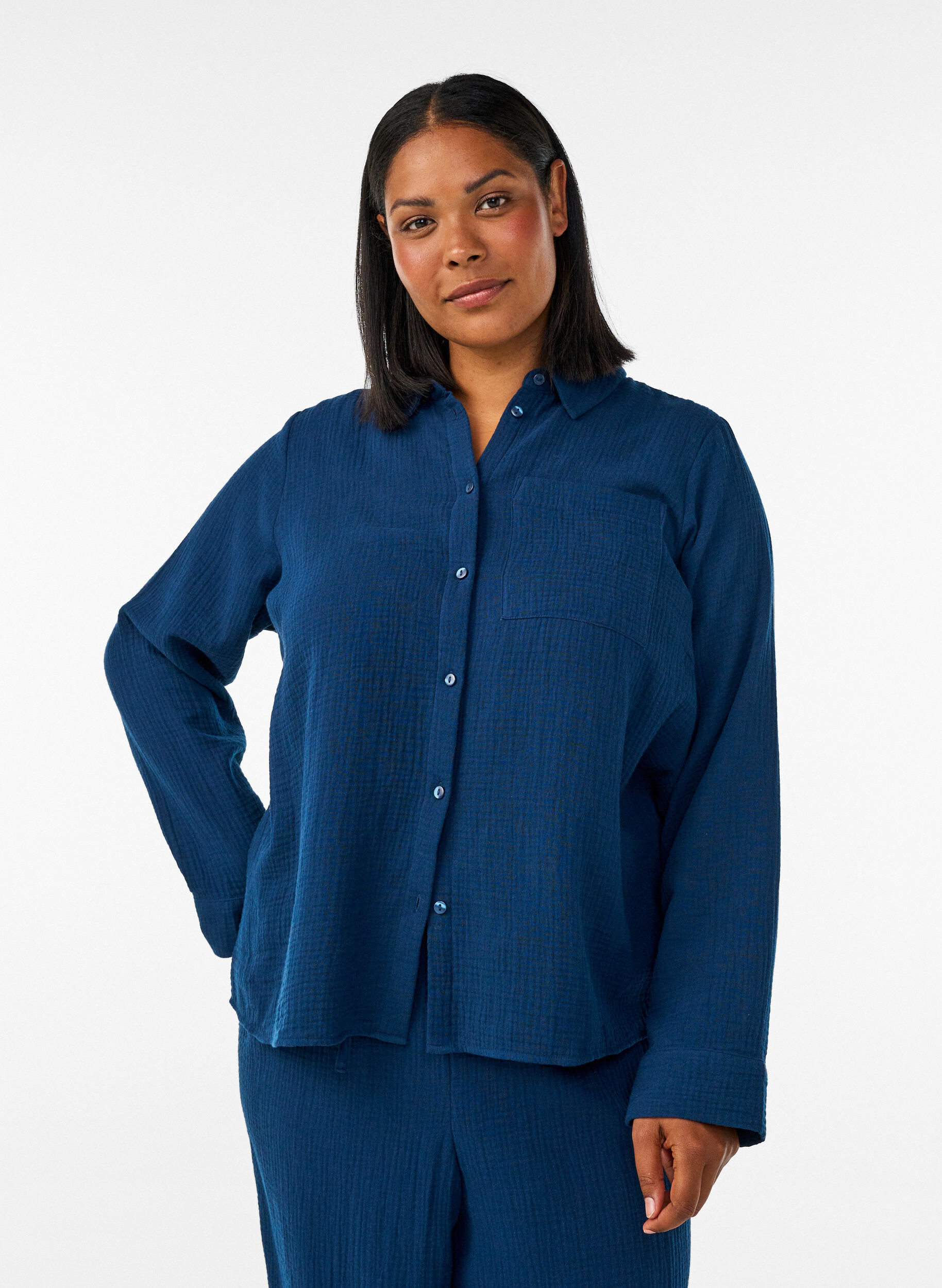 ZizziKatoenen mousseline nachthemd met lange mouwen, Blauw, Model image number 0