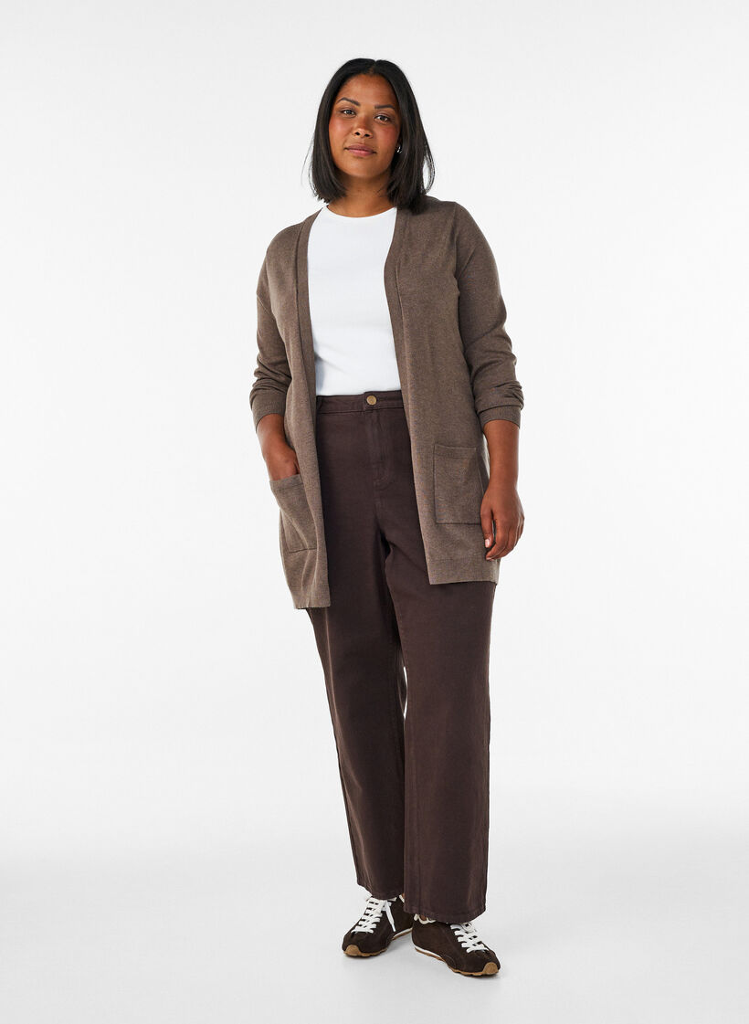 Lang gebreid vest in viscosemix, Bruin, Model image number 1