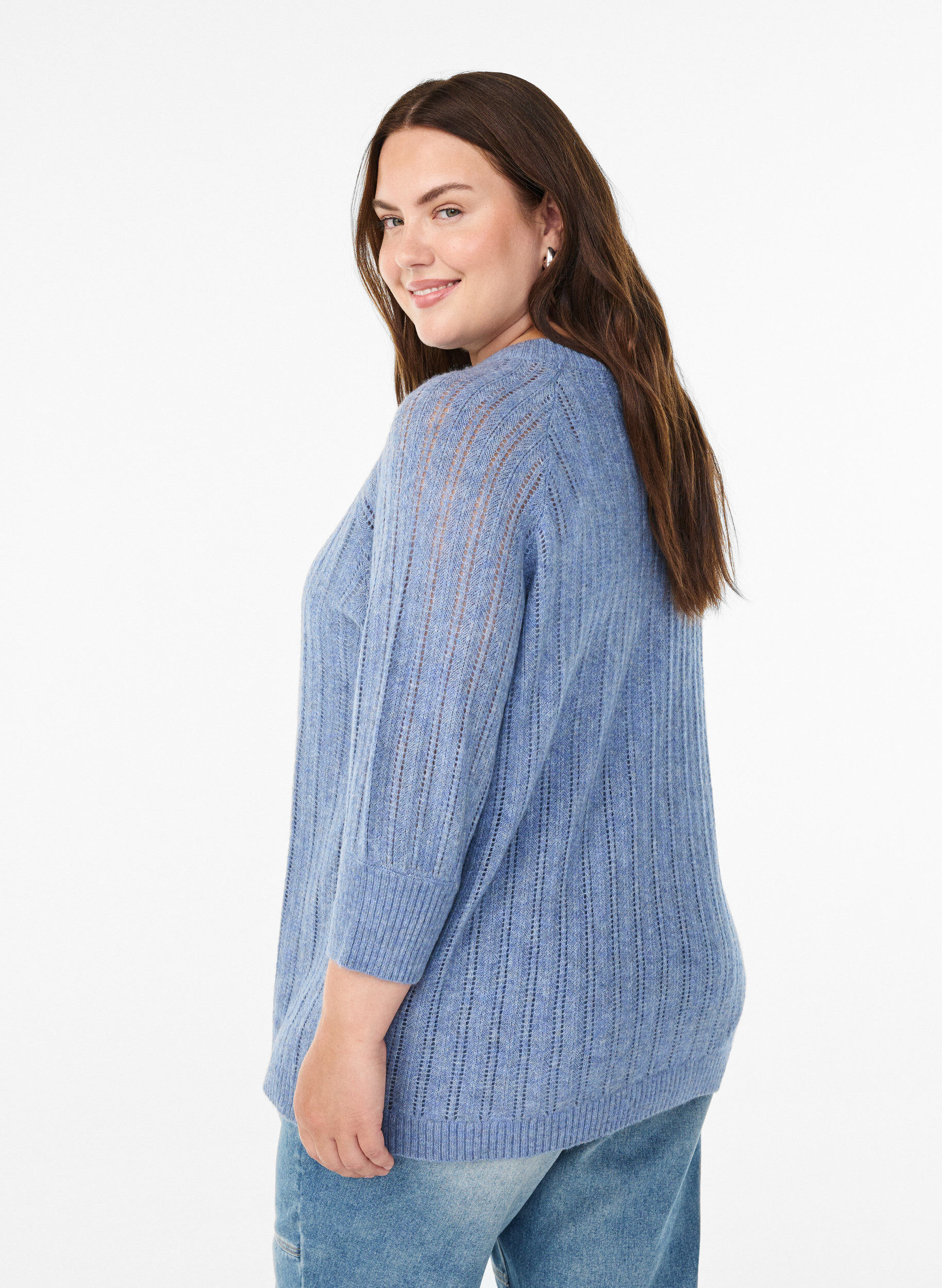ZizziLuchtige knit blouse met 3/4 mouwen en opengewerkt patroon, Blauw, Model image number 2