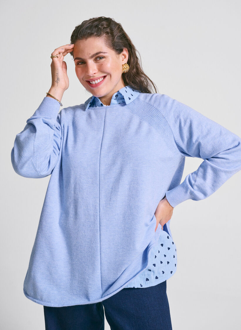 Gebreide blouse met ronde hals en gebreid patroon, Blauw, Image image number 0