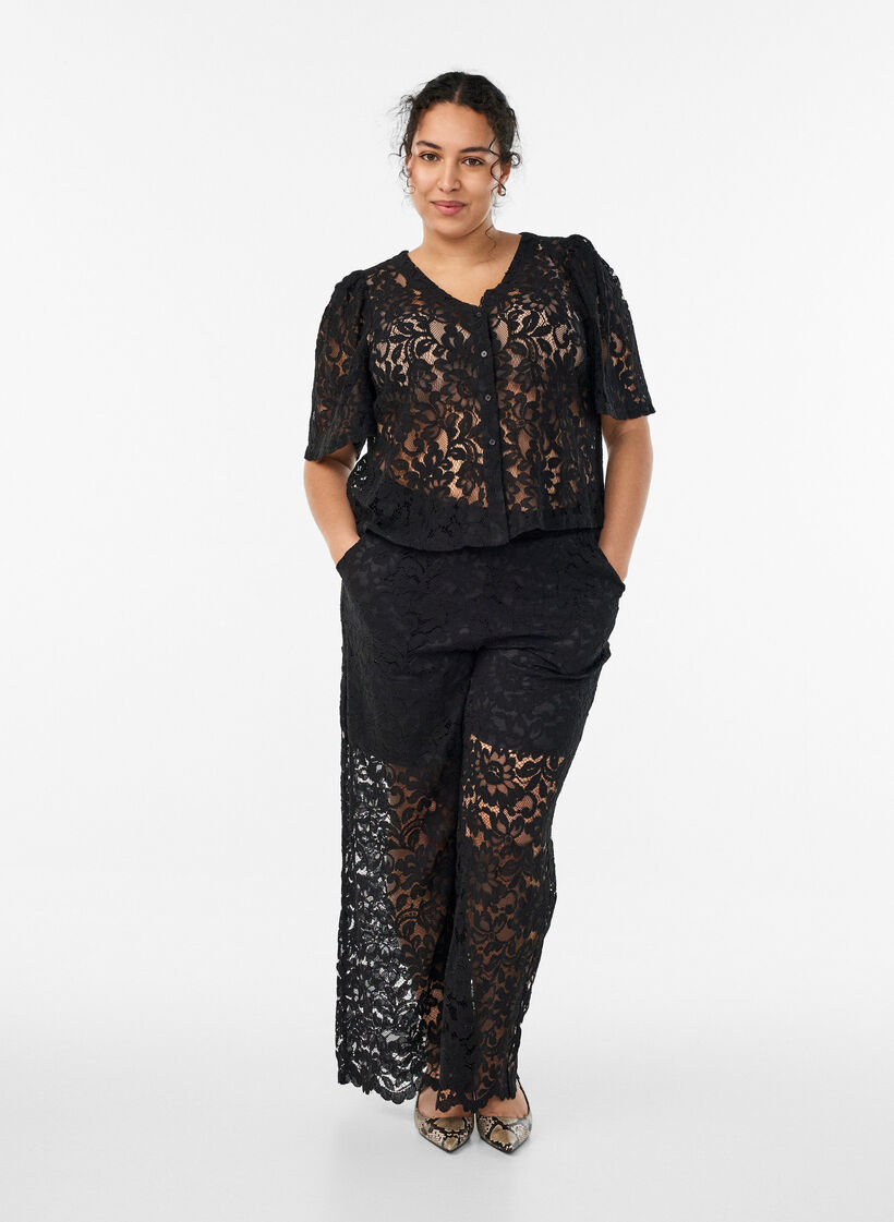 Hoog getailleerde kanten broek met rechte pijpen, Zwart, Model image number 0