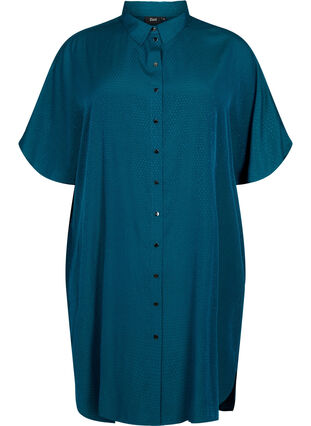 Robe chemise à manches courtes avec texture pointillée., Deep Teal, Packshot image number 0