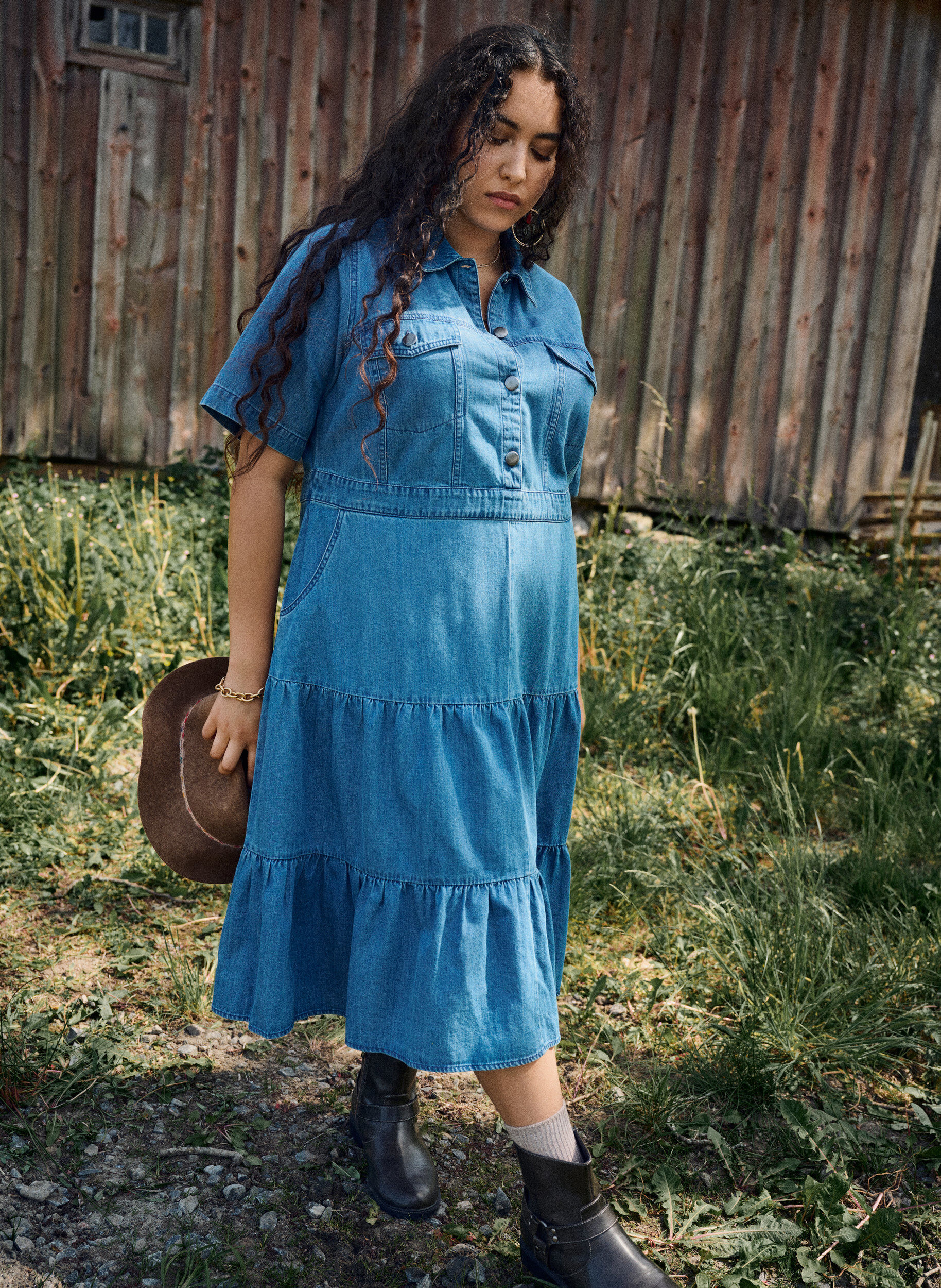 ZizziMidi denim jurk met knopen en korte mouwen, Blauw, Image image number 0