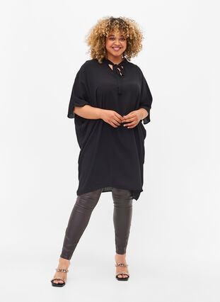 Viscose blouse met korte mouwen en strikdetail, Black, Model image number 2