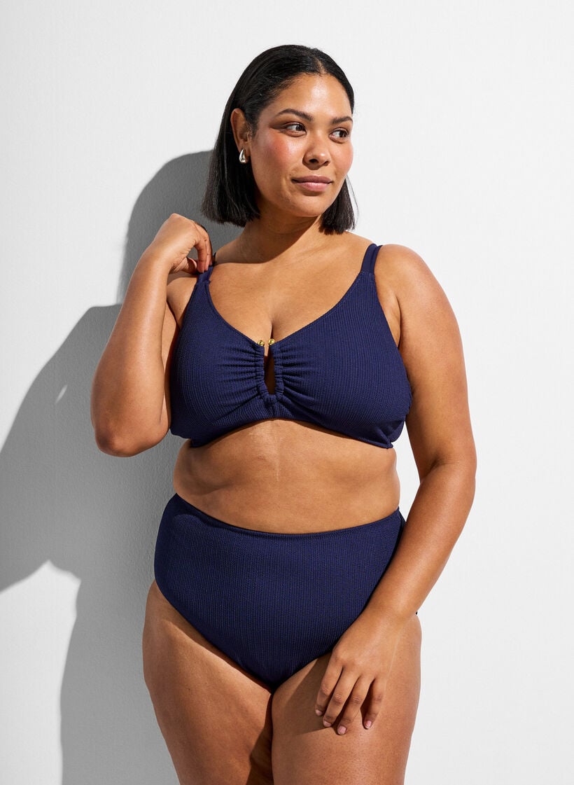 Bikinibroekje met hoge taille en textuur, Blauw, Model image number 0