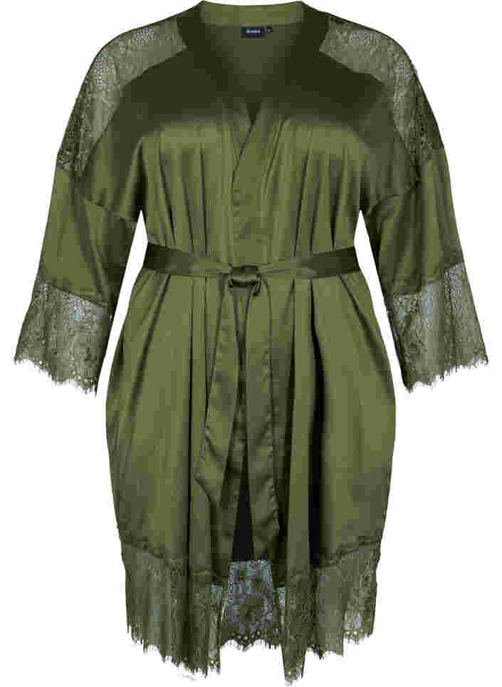 Robe de chambre avec détails en dentelle et ceinture à nouer, Military Olive ASS, Packshot image number 0