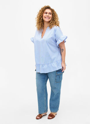 Gestreepte blouse met peplum en ruches, Blue Stripe, Model image number 2