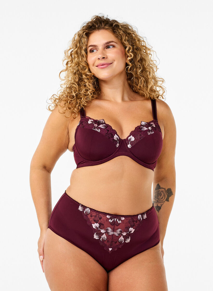 Microfiber slip met bloemenborduursel, Donker Bordeaux, Model image number 0