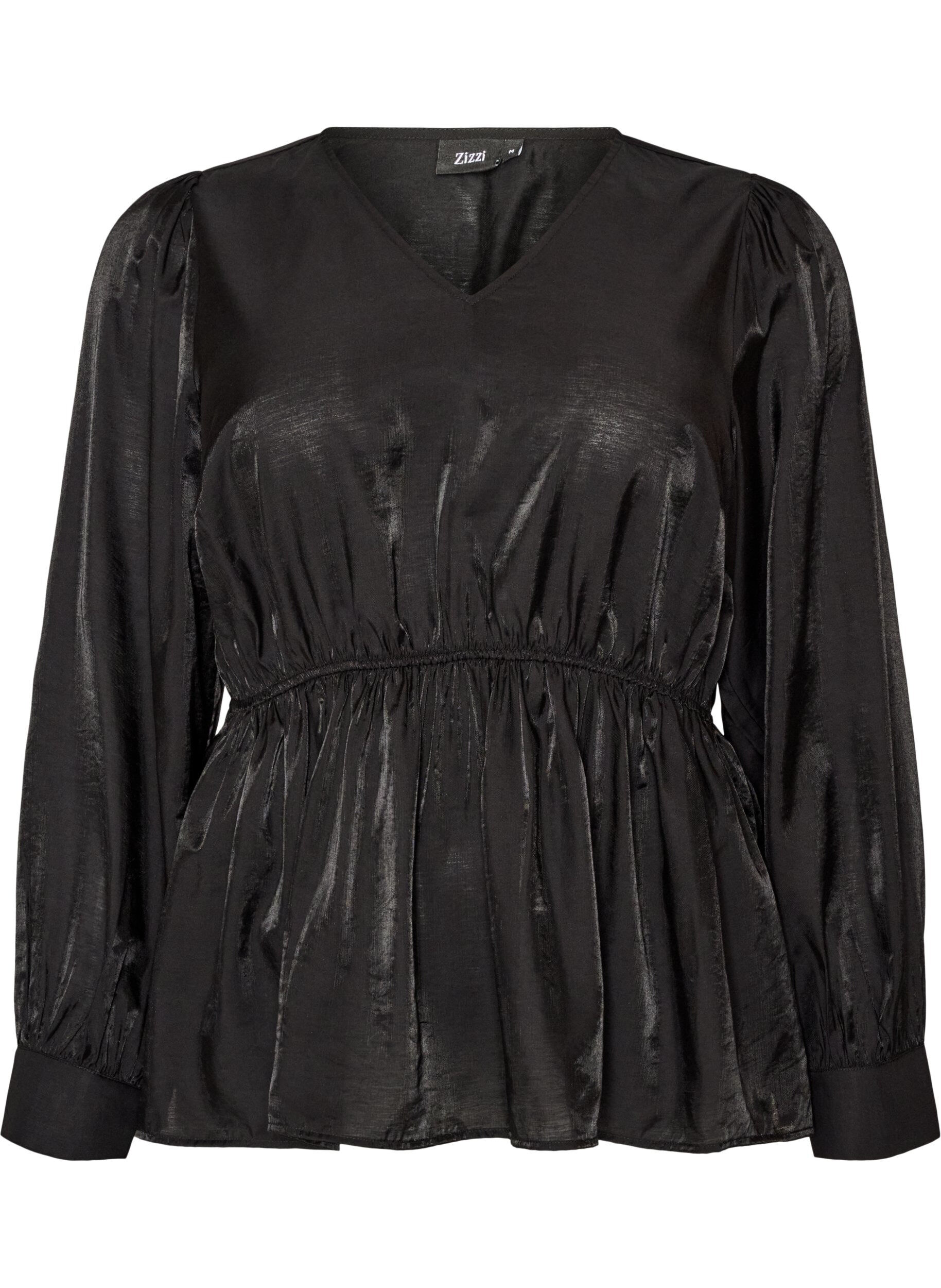 ZizziBlouse brillante en viscose &agrave; effet p&eacute;plum, Noir, Packshot image number 0