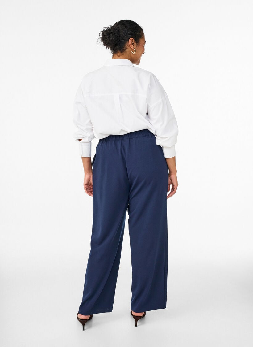 Pantalon taille haute avec ceinture et boucle dor&eacute;e, Bleu, Model image number 1