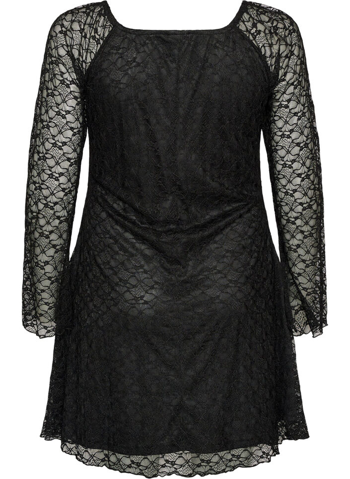 Robe en dentelle avec manches trompette et coupe &eacute;vas&eacute;e, Noir, Packshot image number 1