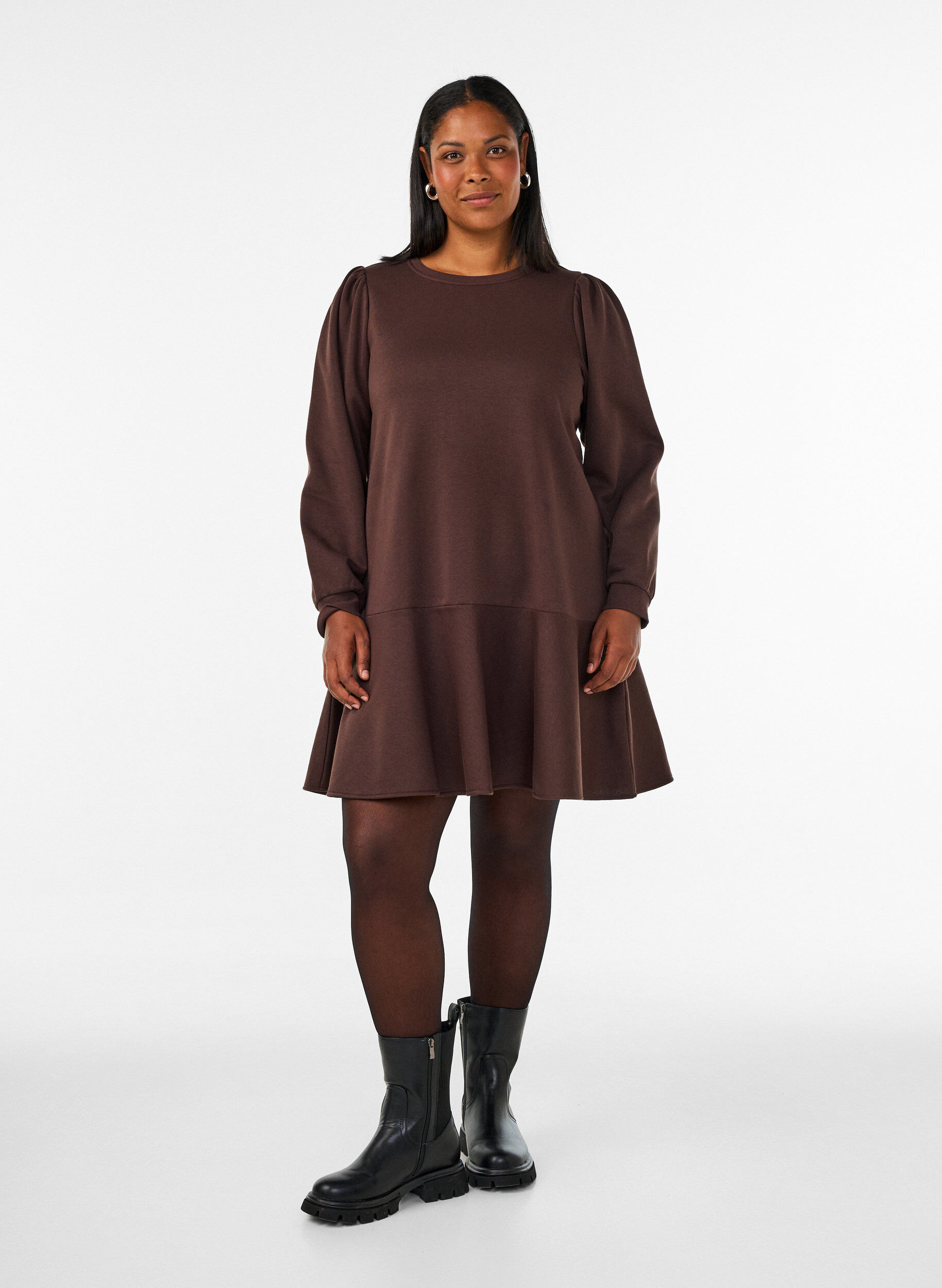 ZizziSweatshirtjurk met ruches in laagjes en A-lijnvorm, Bruin, Model image number 1