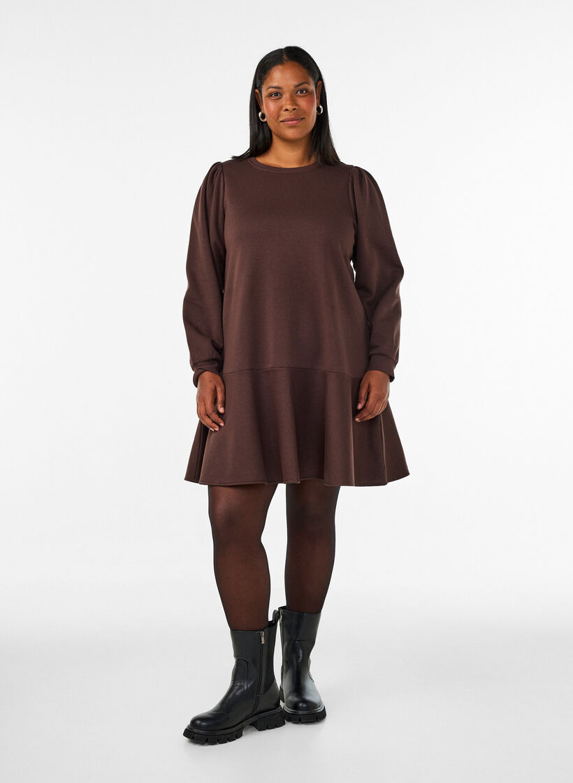Sweatshirtjurk met ruches in laagjes en A-lijnvorm, Bruin, Model image number 1