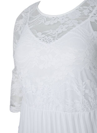 Robe plissée avec dentelle et manches 3/4, Bright White, Packshot image number 2