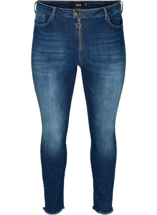 Cropped Nille jeans met gerafelde randen, Blue denim, Packshot image number 0