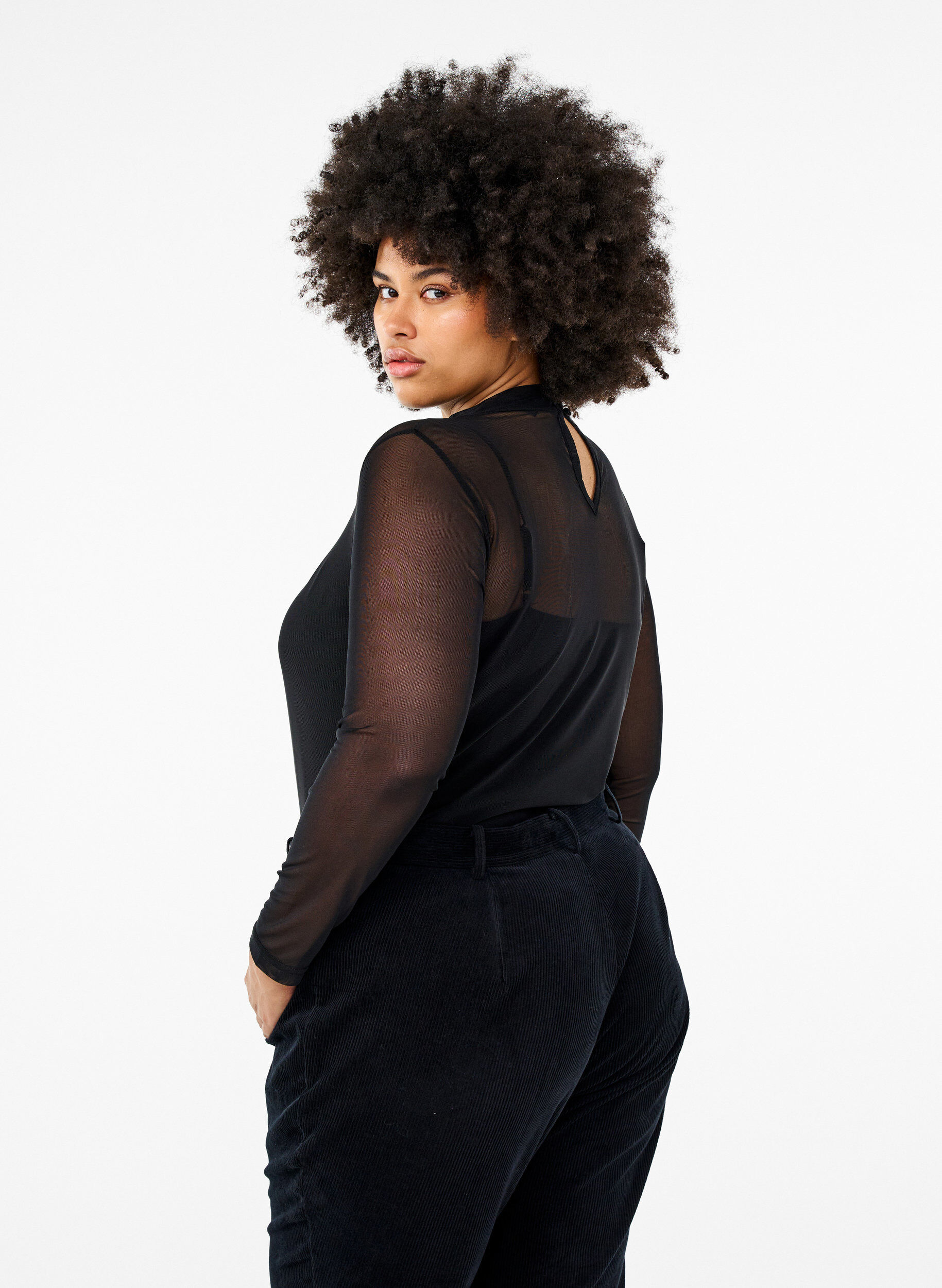 ZizziGetailleerde blouse van mesh met lange mouwen, Zwart, Model image number 2
