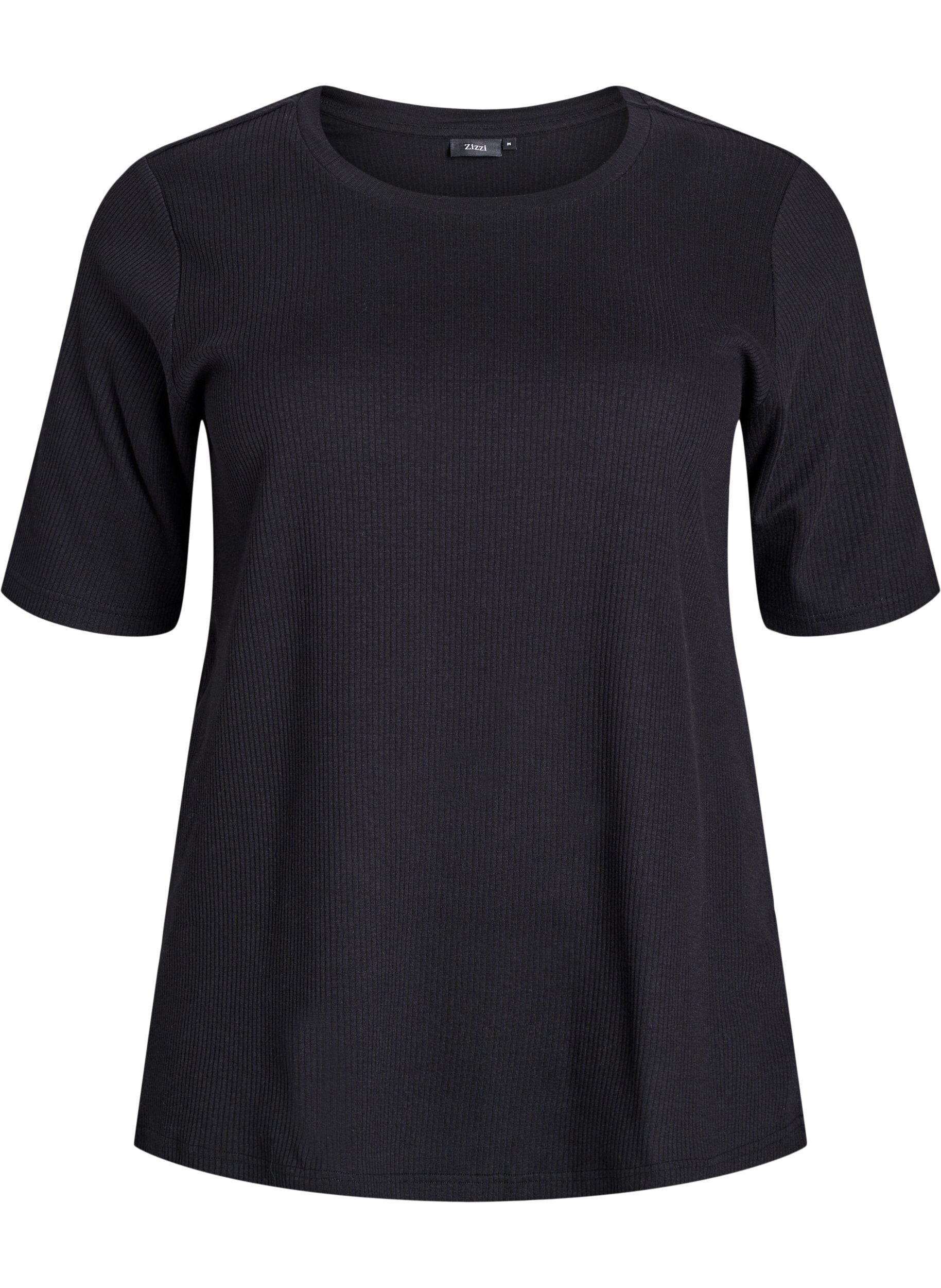 ZizziGeribde jersey blouse met korte mouwen, Zwart, Packshot image number 0
